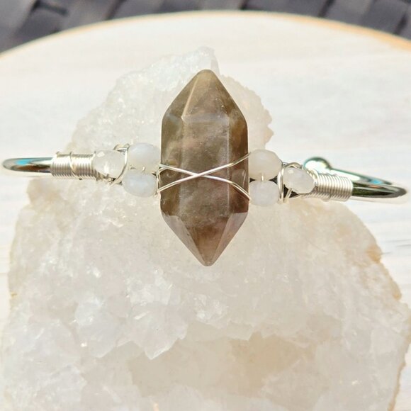 Sunstone & Moonstone Wire Wrap Cuff – 925 Over Copper – Joy & Intuition Talisman - Picture 3 of 12